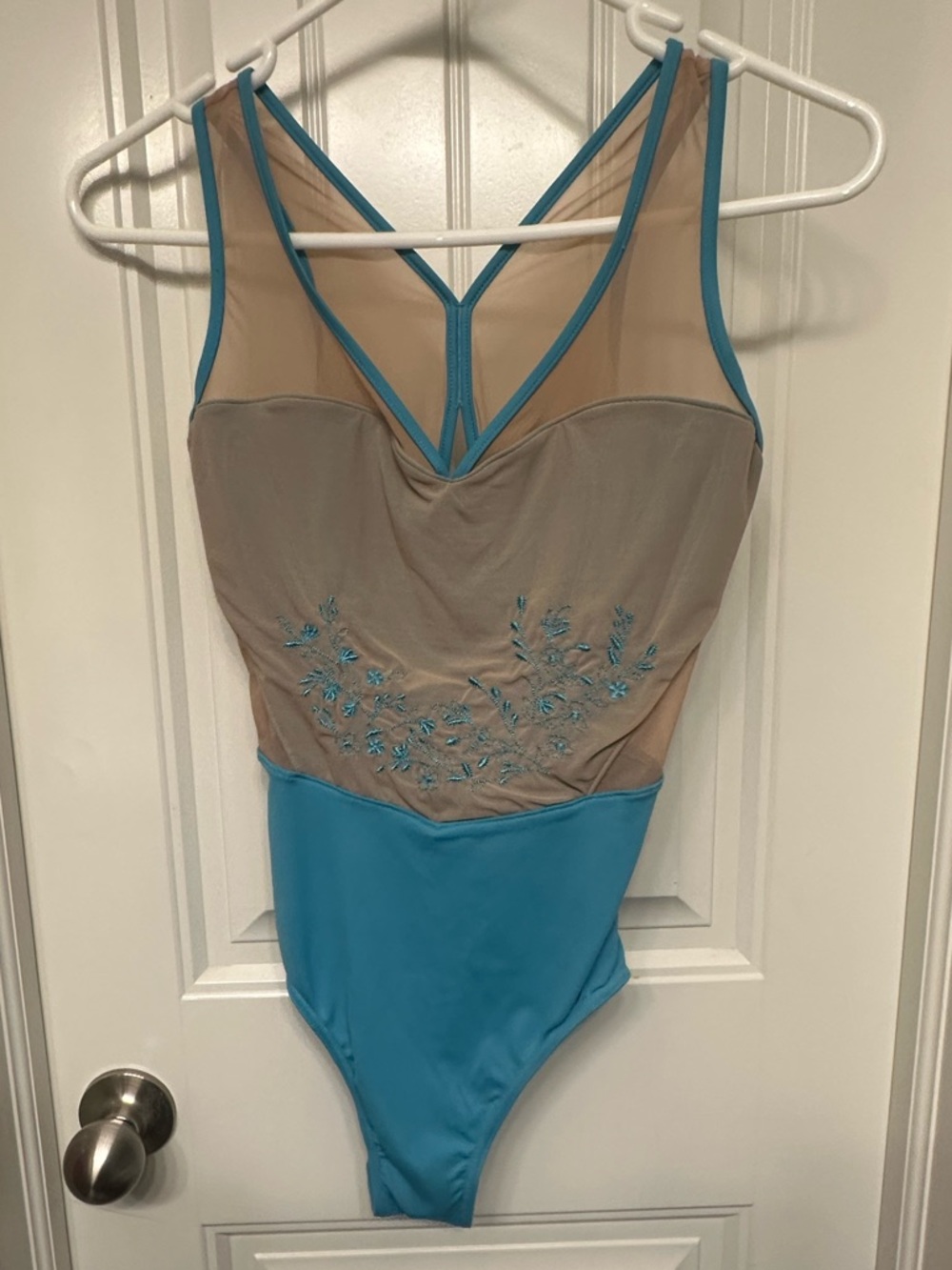 Mirella Nude Mesh Bodysuit with Bright Blue Trim and Embroidery